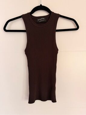 MINKPINK Chocolate Brown Ribbed Knit Tank Top – Fitted Racer Style